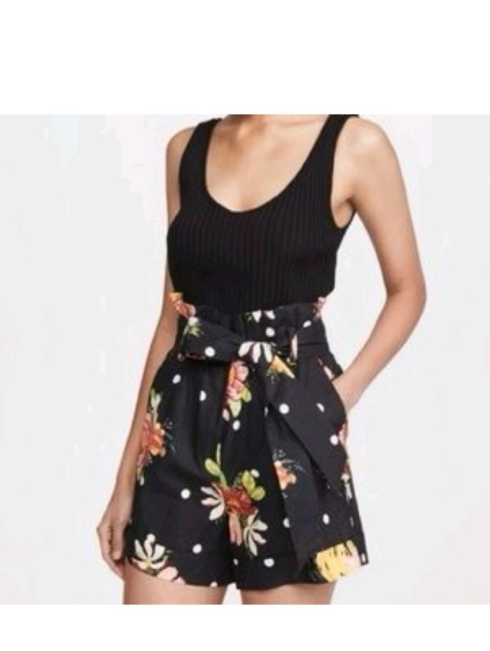 FARM Rio NWOT Shorts Black Floral & Polka Dot High Paperbag Waist with belt - Picture 7 of 7